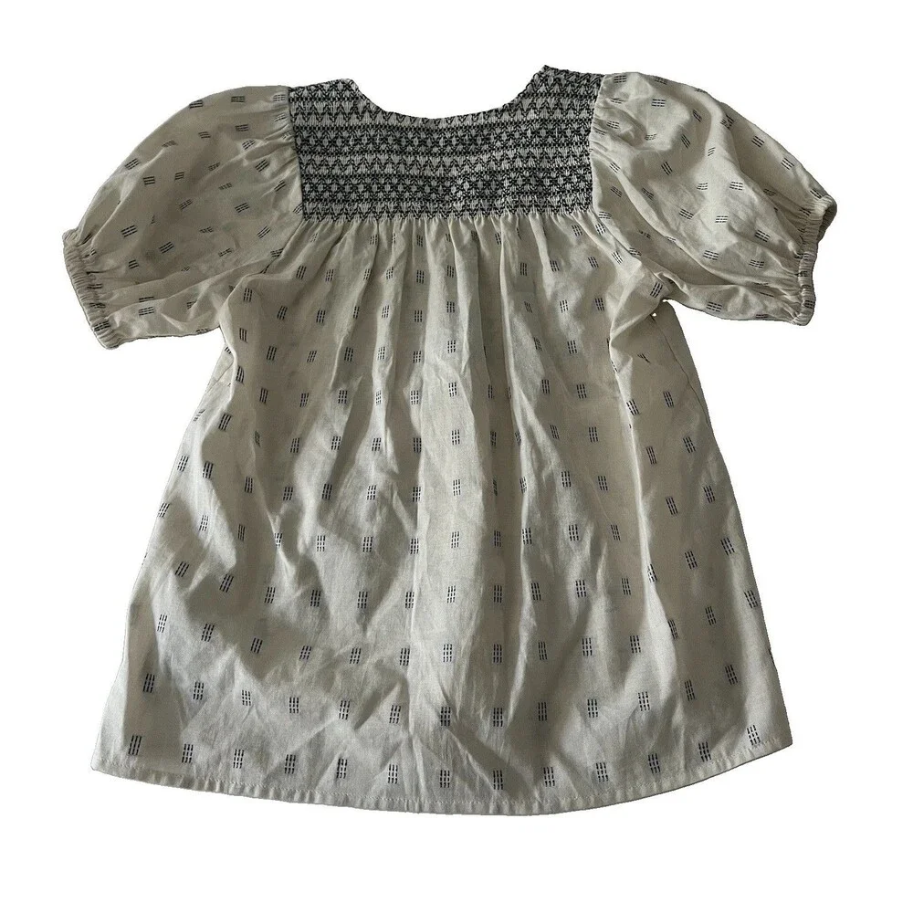 Madewell Embroidered Smocked V Neck Puff Sleeve Peasant Top Cream Navy XS